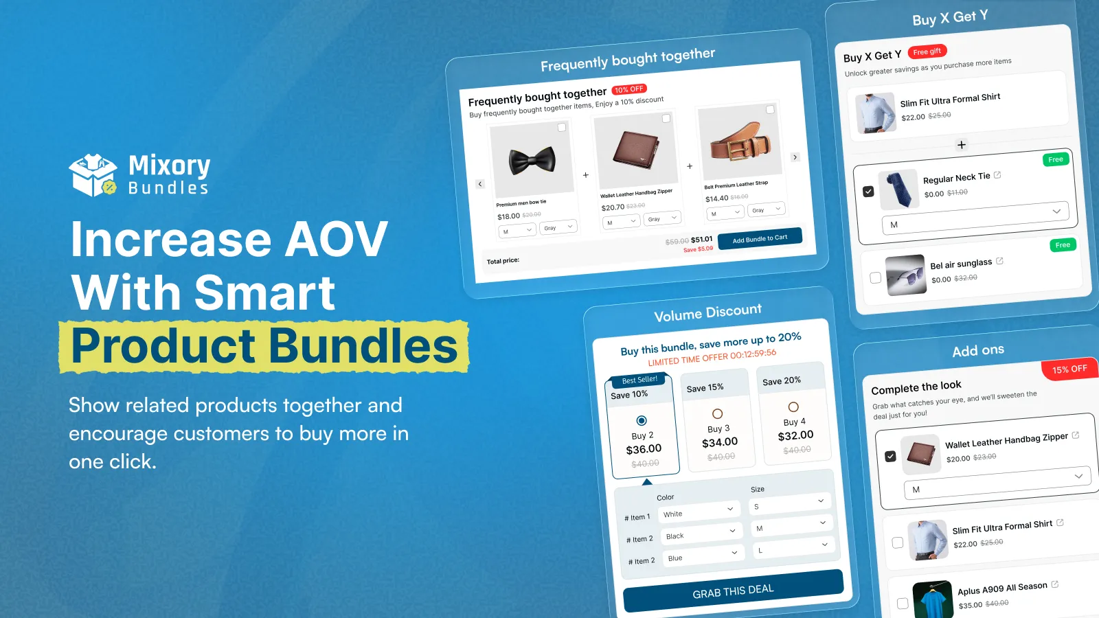 Mixory Bundles showing frequently bought together, volume discount, buy X get Y, and add-on bundle widgets