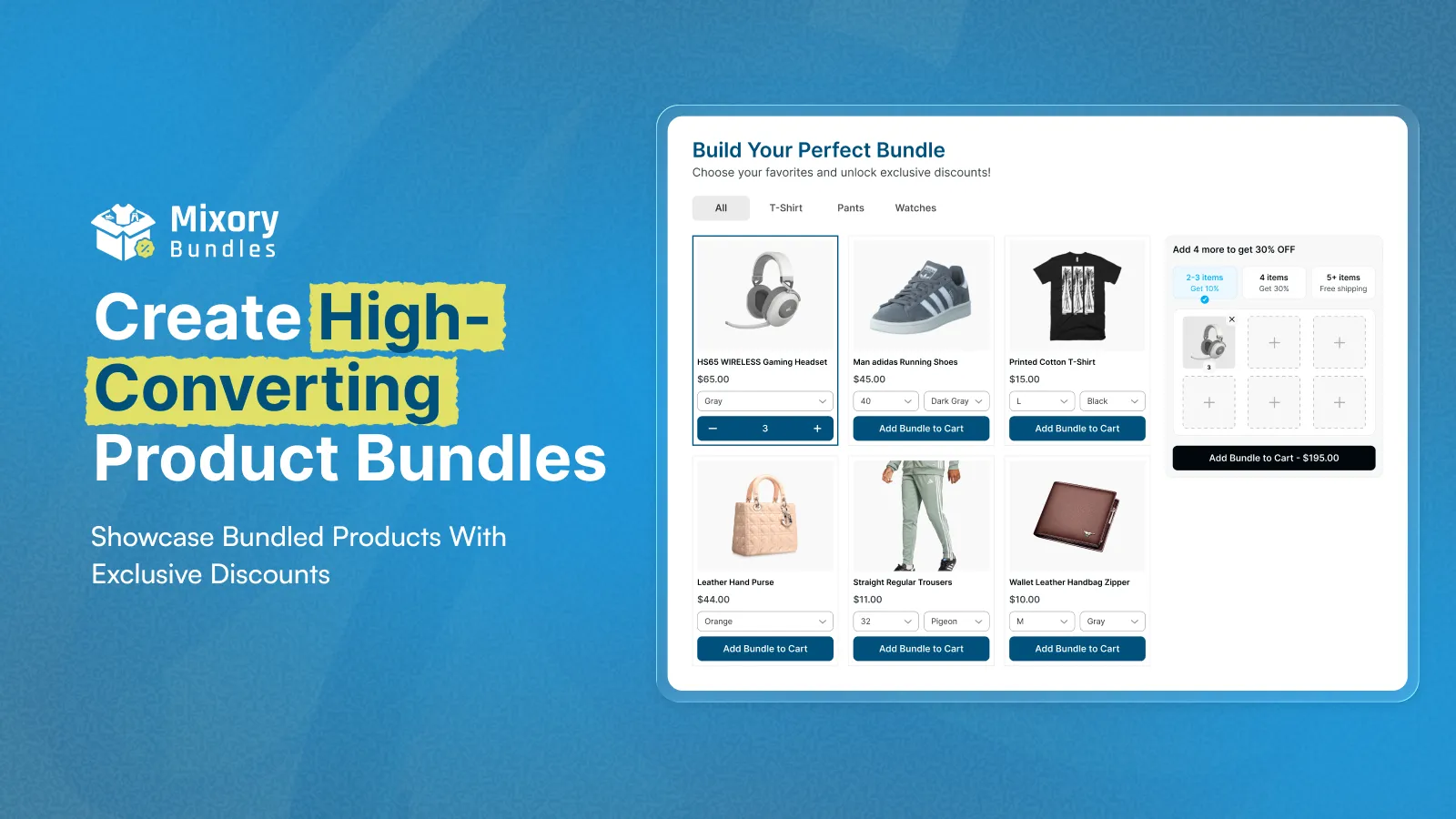 Mixory Bundles bundle builder interface showing product selection and discount progress