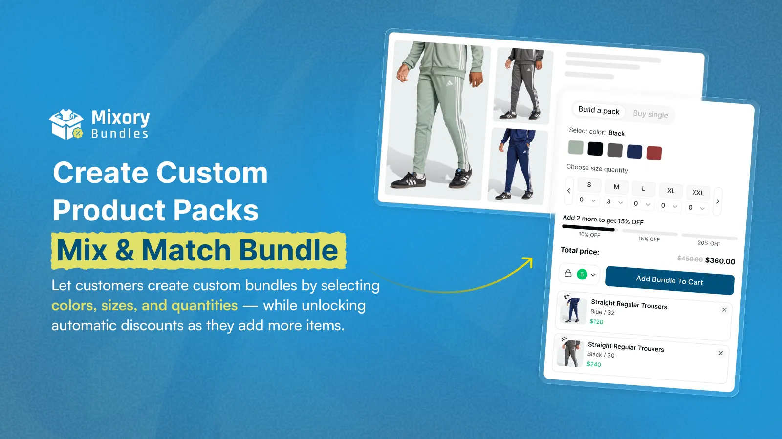 Mixory Bundles mix and match pack builder with color, size, and quantity selection